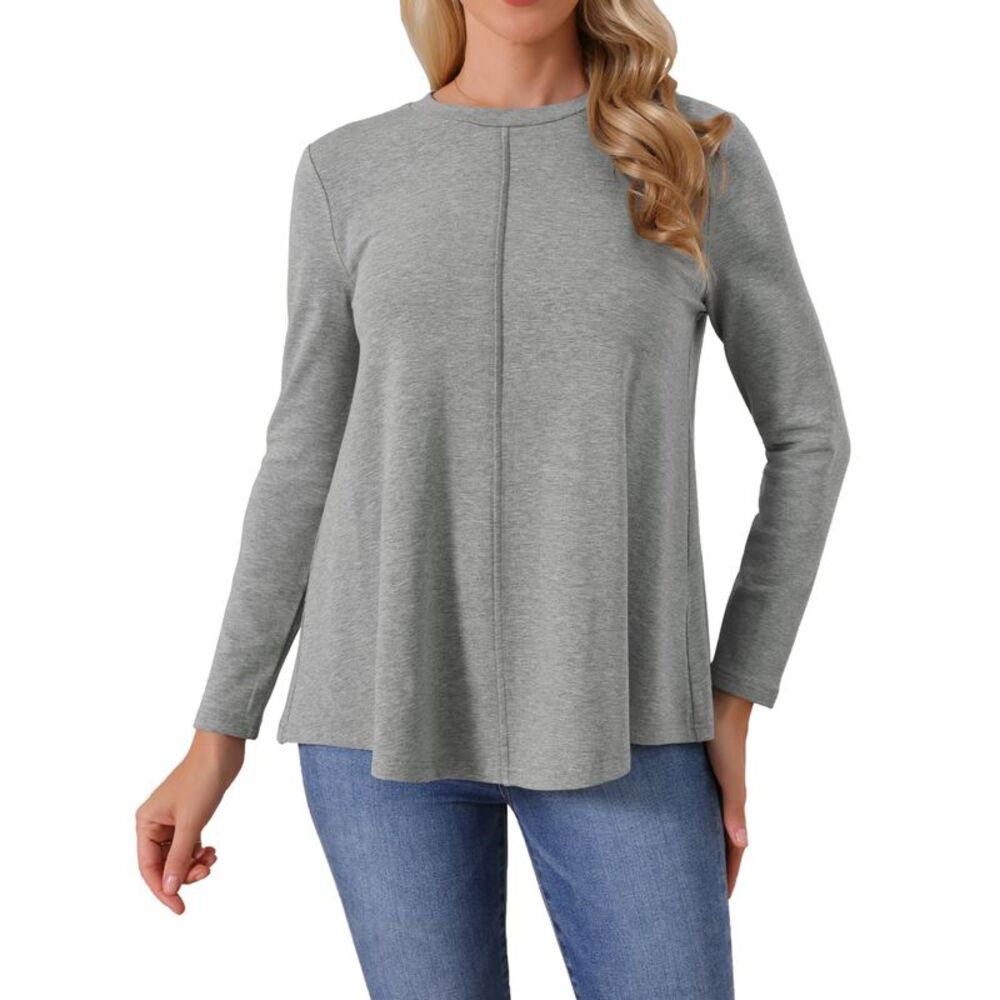 Women Casual Fall Long Sleeve Babydoll Crewneck Tunic Top Grey